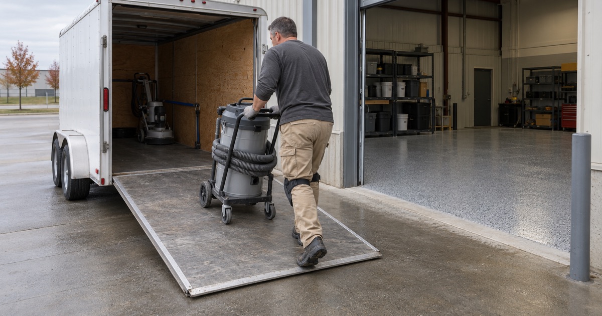 A dust extractor rolled up a ramp into an enclosed work trailer outside the Davenport shop at the start of a job day.