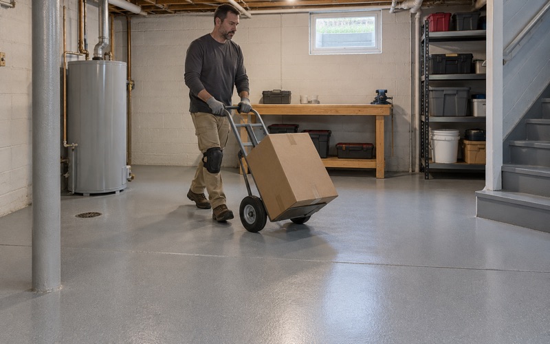 A hand truck wheeling a box across a new light gray epoxy basement floor in an older Davenport house, the floor drain left open in the coating.