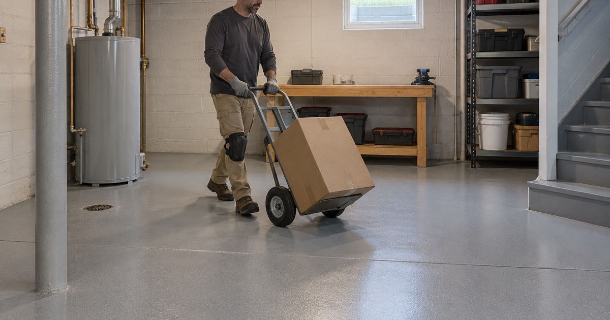 A hand truck wheeling a box across a new light gray epoxy basement floor in an older Davenport house, the floor drain left open in the coating.