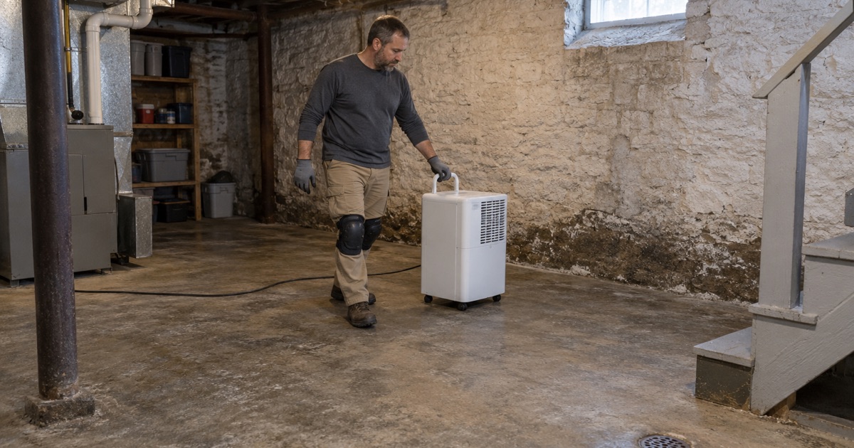 A dehumidifier being wheeled across a damp old basement floor in Davenport, white efflorescence along the foundation wall, before any coating is chosen.