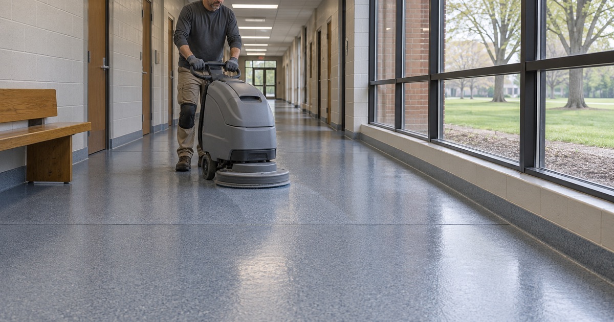 A walk-behind scrubber cleaning a new quartz-textured epoxy corridor in a Davenport school, the coved base turning up the wall.