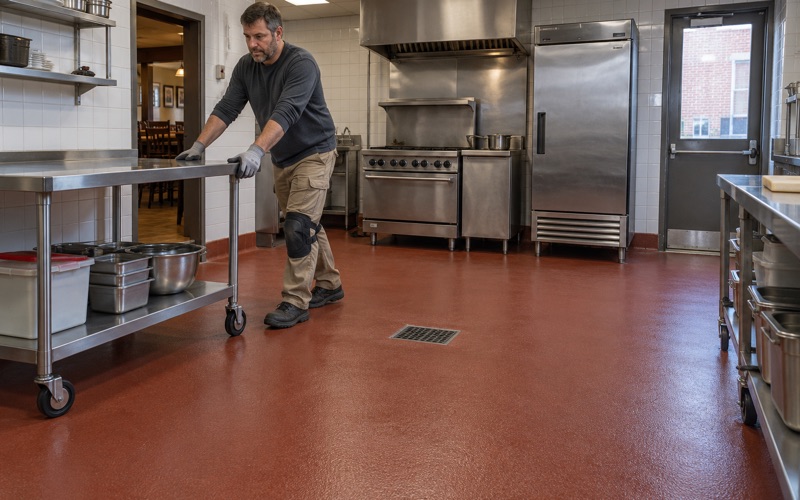 A stainless prep table rolled back into place on a new red urethane cement floor with a coved base in a Davenport restaurant kitchen.