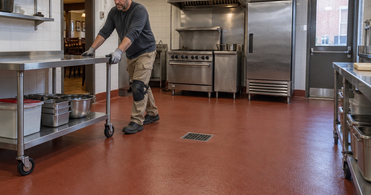 A stainless prep table rolled back into place on a new red urethane cement floor with a coved base in a Davenport restaurant kitchen.