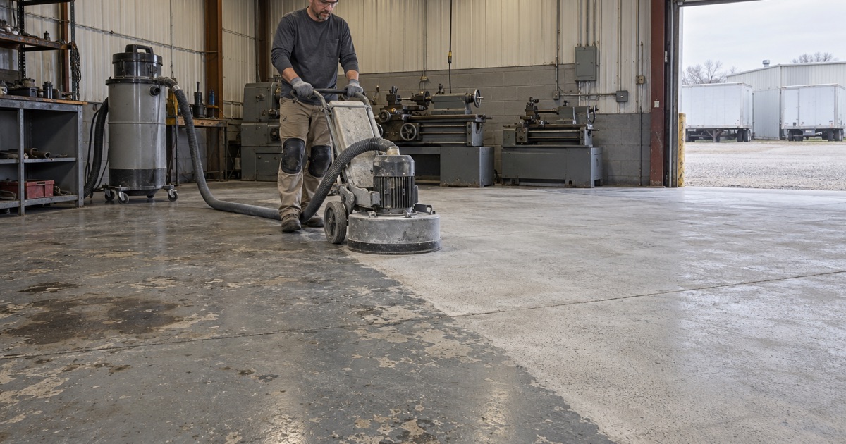 A walk-behind planetary grinder opening an old painted slab in a Davenport machine shop, half the floor ground to bare concrete.