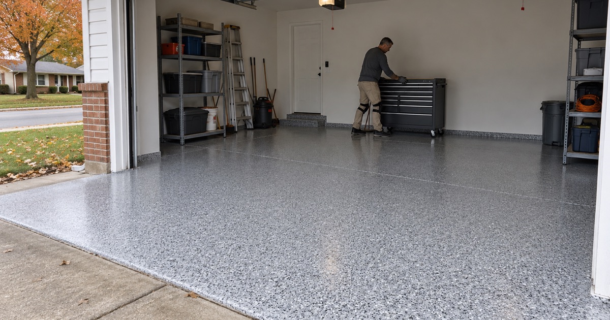 A finished gray, white and black flake floor in the attached garage of a 1960s brick-and-siding ranch in north Davenport, a tool chest rolled back into place.