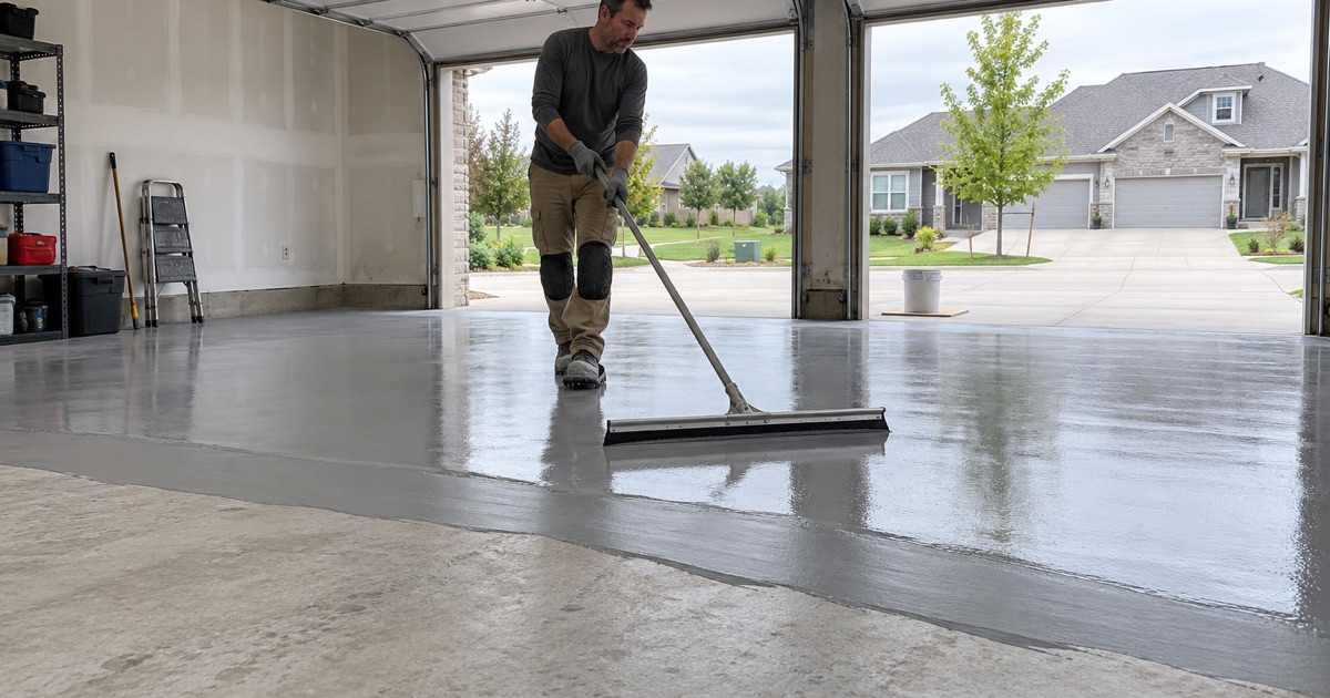 A gray epoxy base coat being pulled out with a floor squeegee across the ground slab of an attached garage in a newer Davenport subdivision.