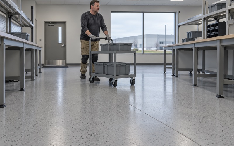 A parts cart rolled across a static-dissipative epoxy floor in an electronics assembly room at a Davenport industrial park.