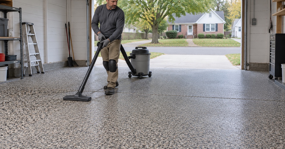 A shop vacuum pulled across a just-scraped vinyl flake floor in a Davenport garage before the clear topcoat goes on.