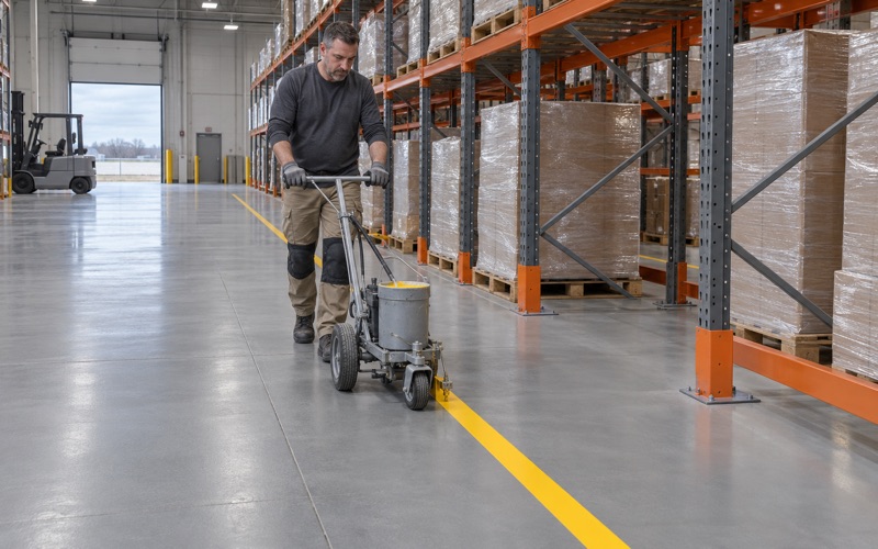 A walk-behind line striper laying a yellow aisle line on a new gray epoxy floor in a Davenport distribution warehouse.