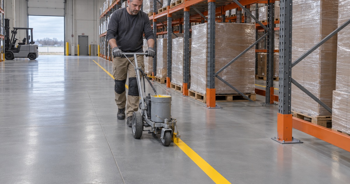 A walk-behind line striper laying a yellow aisle line on a new gray epoxy floor in a Davenport distribution warehouse.