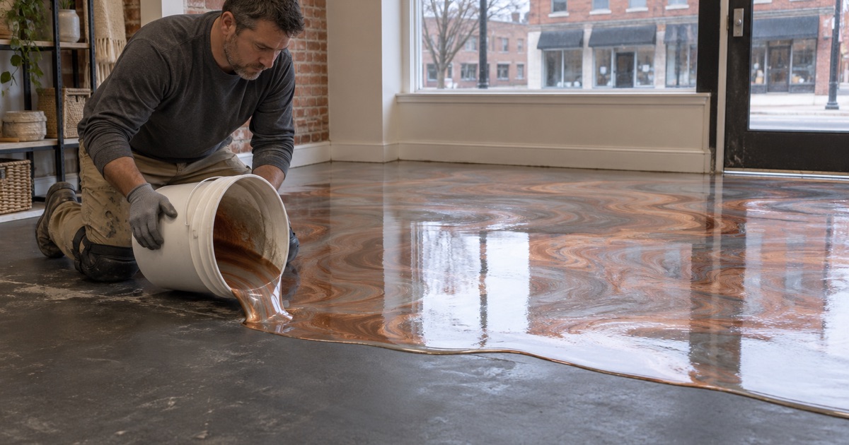 A pearl and copper metallic epoxy being poured onto the floor of a small Davenport boutique, the pigment spreading in soft swirls.