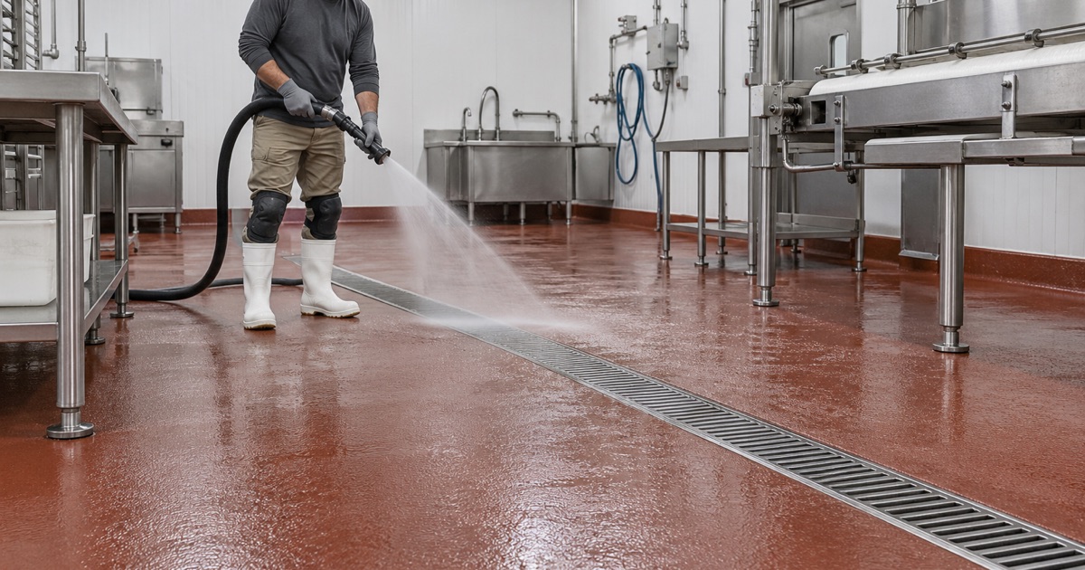 A hot-water hose washdown across a textured urethane cement floor in a Davenport food plant, the water running to a stainless trench drain.