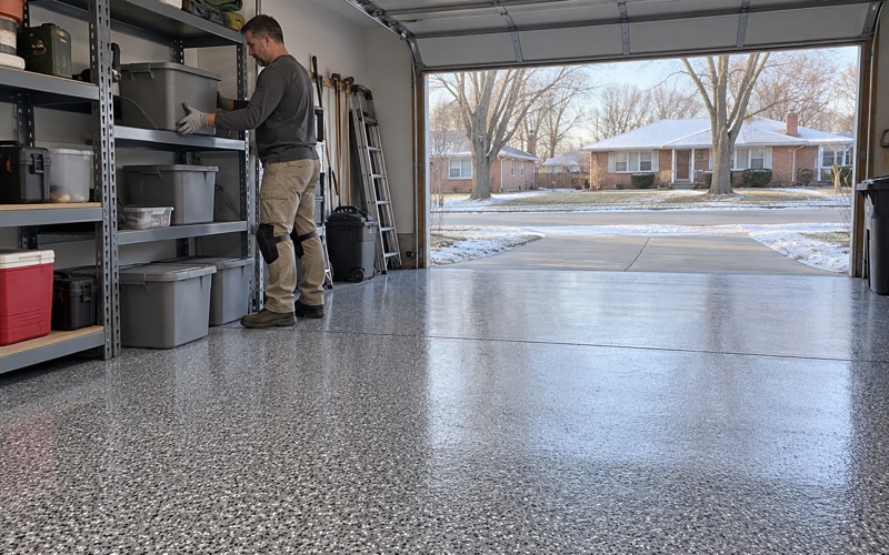 Storage bins being set back on shelves the same afternoon a polyaspartic flake floor was installed in a Davenport garage.