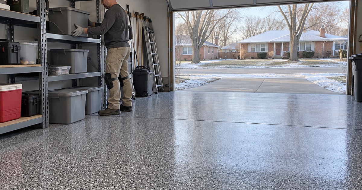 Storage bins being set back on shelves the same afternoon a polyaspartic flake floor was installed in a Davenport garage.