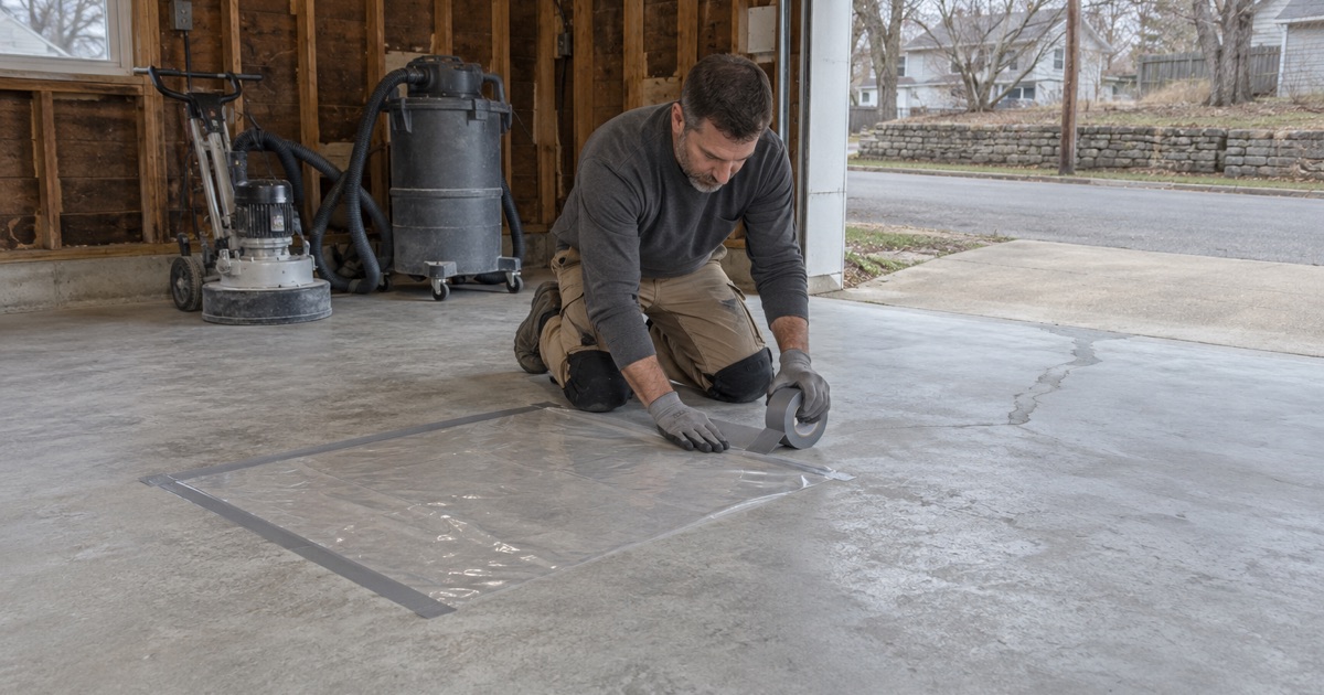 A square of clear plastic being taped to a freshly ground garage slab in Davenport to check for moisture before any coating goes down.